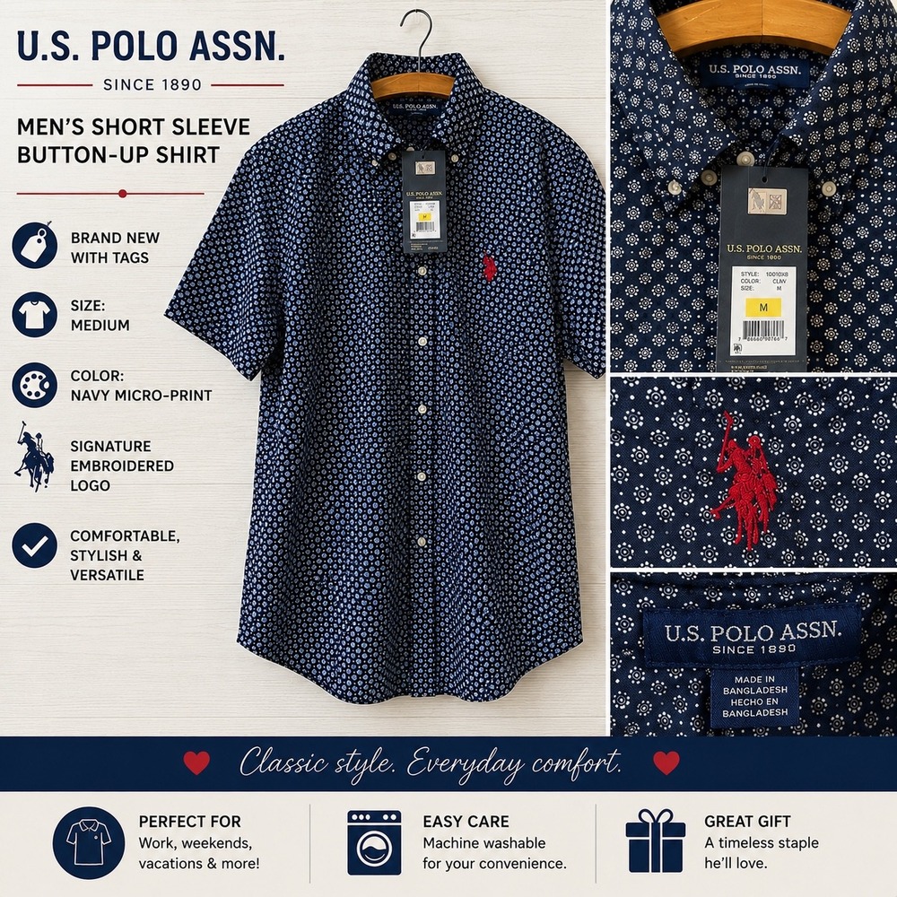 US Polo Assn Mens Navy Micro Print Short Sleeve Button Up Shirt M 11D010XB NEW